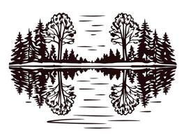 Symmetrical forest and lake reflection with trees and tranquil water scene vector