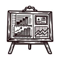 Hand drawn wooden easel with graphs and charts displaying fluctuating market trends vector
