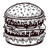 Black and white of a double cheeseburger with lettuce and sauce vector