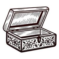 Ornate wooden jewelry box with floral carvings and open lid, displaying vintage craftsmanship vector