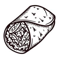 Hand drawn burrito with detailed ingredients wrapped in tortilla vector