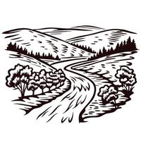 Scenic countryside landscape with rolling hills, trees, and winding path in black and white vector