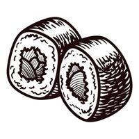 Hand drawn sketch of two sliced sushi rolls with detailed seaweed and rice texture vector