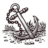 Nautical anchor with chain amidst seaweed and rocks in black and white design vector