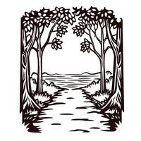 Scenic pathway through forest to serene lake view with tree silhouettes and calm waters vector