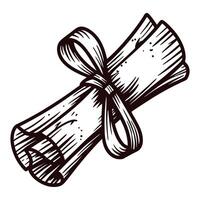 Rolled diploma tied with ribbon symbolizing achievement and education in monochrome sketch vector