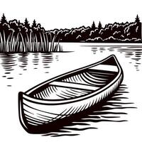 Empty canoe on a serene lake surrounded by trees at dusk vector