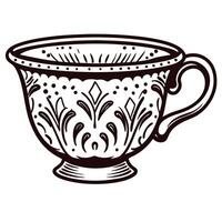 Intricate black and white of a vintage teacup with ornate patterns and elegant details vector