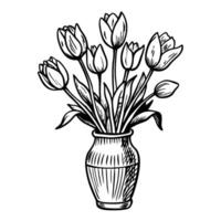 Vase of blooming tulips with detailed line art on white background vector