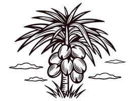 Illustrated palm tree with coconuts and clouds in minimalist vector