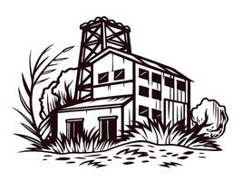 Abandoned industrial building in overgrown landscape with tower structure and dense vegetation vector