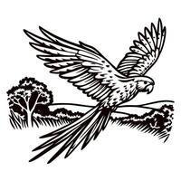 Intricate black and white of a parrot soaring over a lush landscape with trees and fields in the background vector