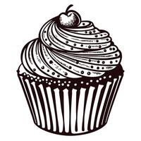 Delicious cupcake with cherry and swirl icing in black and white sketch design vector