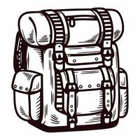 Vintage camping backpack with straps and pockets in detailed line art vector
