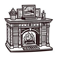 Ornate vintage fireplace with artwork and decorations on mantelpiece in classic setting vector