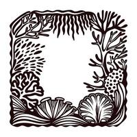 Intricate coral reef border design featuring marine plants and shells in black and white vector