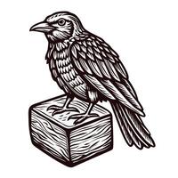 Intricate black and white of a raven perched on a wooden block vector