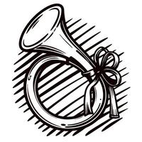 Vintage horn with ribbon bow in artistic line drawing vector