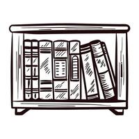 Wooden bookshelf filled with vintage books in black and white vector