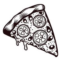 Monochrome of a pizza slice with dripping cheese and toppings vector
