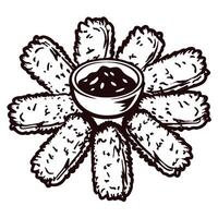 Crispy spring rolls arranged in a circle with dipping sauce in the center vector