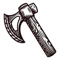 Vintage engraved battle axe with wooden handle in black and white vector