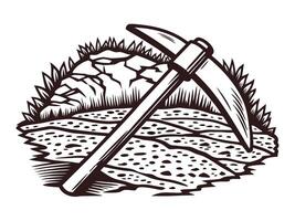 Pickaxe resting on rocky ground with grass surrounding, emphasizing mining and exploration concept vector