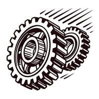 Engraving of interlocking mechanical gears in motion symbolizing industrial innovation and engineering precision vector