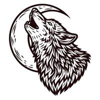 Wild wolf howling at crescent moon in stylized monochrome art design vector