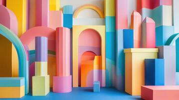 Colorful geometric cityscape, playful 3D shapes and vibrant pastel colors, creating a dynamic and imaginative scene photo