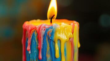 Close-up of a colorful melting candle. Melted wax drips in vibrant colors, creating a swirling pattern around a lit wick photo
