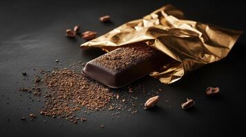 Dark chocolate bar in gold foil wrapper, scattered with cocoa powder on a dark background photo