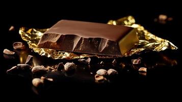 Dark chocolate bar wrapped in gold foil, surrounded by cocoa beans and chocolate shavings. A close-up view highlighting the rich texture and luxurious presentation of the decadent treat photo