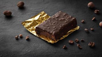 Dark chocolate bar, wrapped in gold foil, resting on a dark stone surface. Scattered cocoa beans adorn the background photo