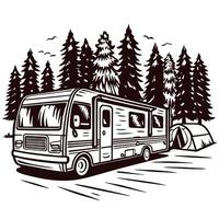 Camper van in forest campsite with tent amidst tall pine trees vector