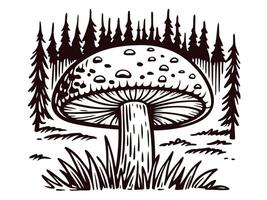 Large mushroom in forest with tall pine trees and grass vector