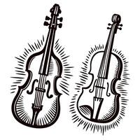 Stylized black and white of violin and cello with artistic lines and details vector