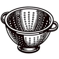 Vintage metal colander with perforated design and handles in black and white vector