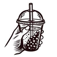 Hand holding bubble tea cup with straw and tapioca pearls in minimalist line art design vector