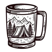 Camping scene etched on mug with mountain and pine tree design vector