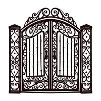 Ornate iron gate with intricate patterns and decorative pillars in black silhouette vector