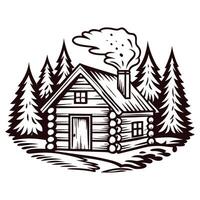 Rustic log cabin in pine forest with smoky chimney in tranquil nature setting vector