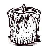 Hand drawn melting wax candle with dripping details and flame on white background vector