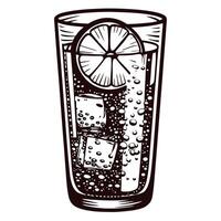 Refreshing citrus beverage with lemon slice and ice in tall glass, line art vector