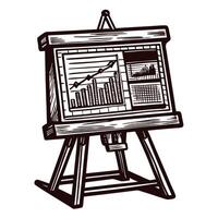 Retro bar graph and line chart on easel showing economic trends and analytics vector