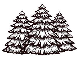 Black and white of snow covered pine trees in a forest vector