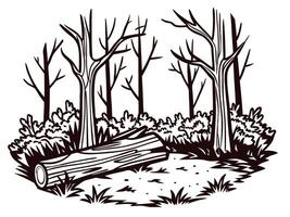 Leafless forest with fallen log focused on sparse woodland and leafless trees vector