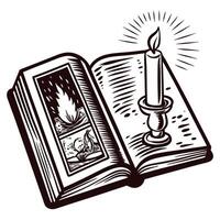 Open book with candle and illuminated flames in classic ink drawing vector
