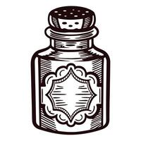 Vintage ink bottle with ornate label design in black and white line art vector