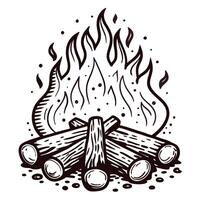 Rustic campfire with flaming logs against a white background vector